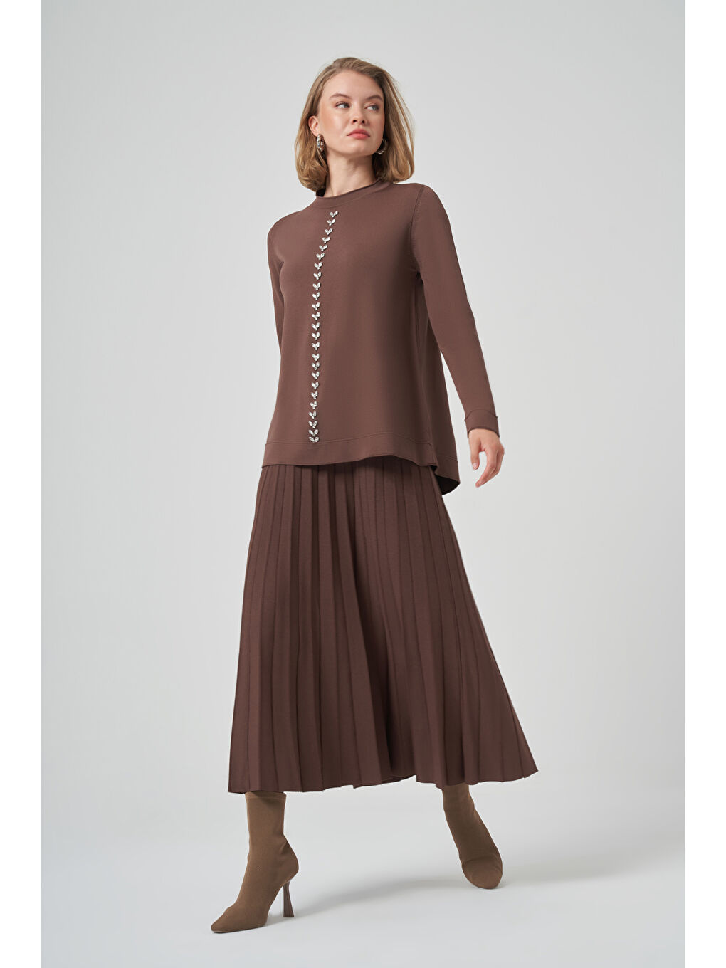 Taş İşleme Detay Triko Takım 1351 Kahverengi-3