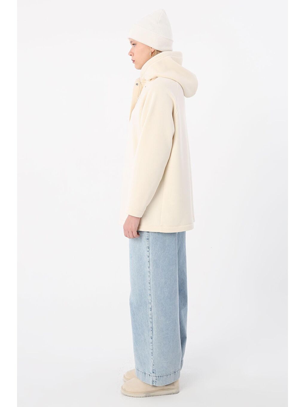 Ekru Oversize Kapüşonlu Şardonlu Sweatshirt-3