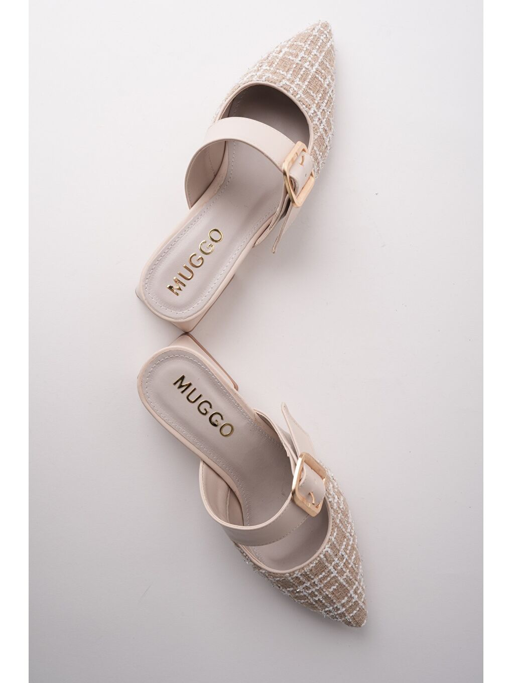 Bej DESTİNY Gold Tokalı Tek Bant Sivri Burun Kadın Topuklu Terlik-2