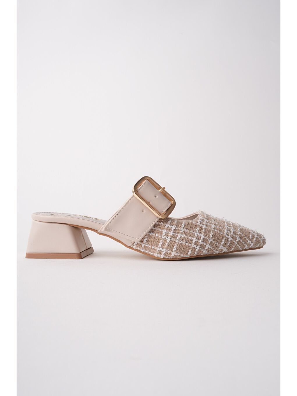 Bej DESTİNY Gold Tokalı Tek Bant Sivri Burun Kadın Topuklu Terlik-4