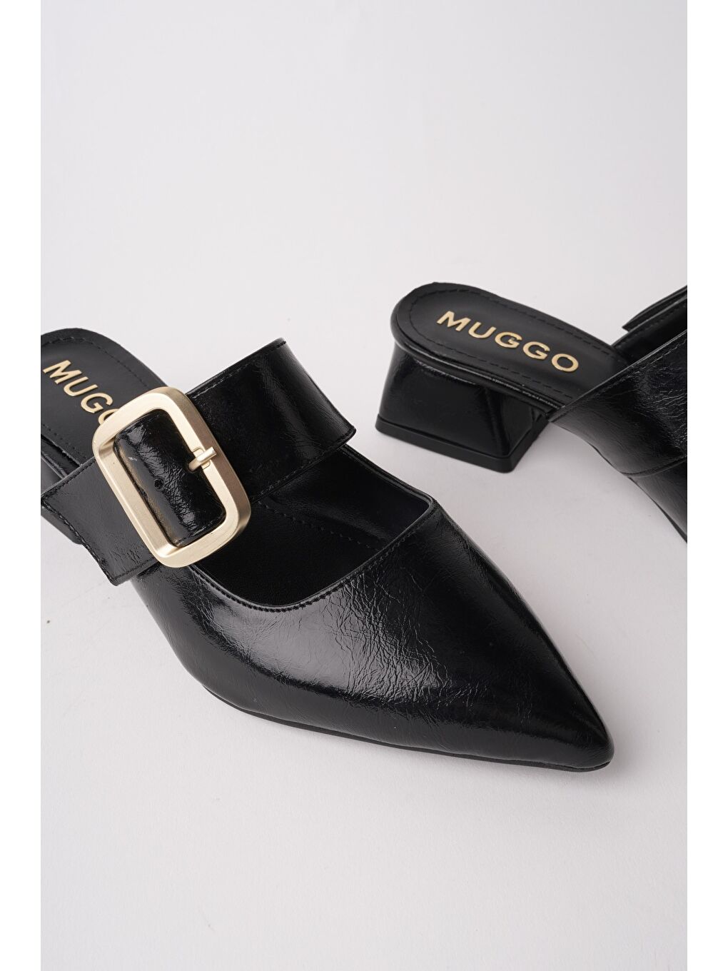 Siyah DESTİNY Gold Tokalı Tek Bant Sivri Burun Kadın Topuklu Terlik