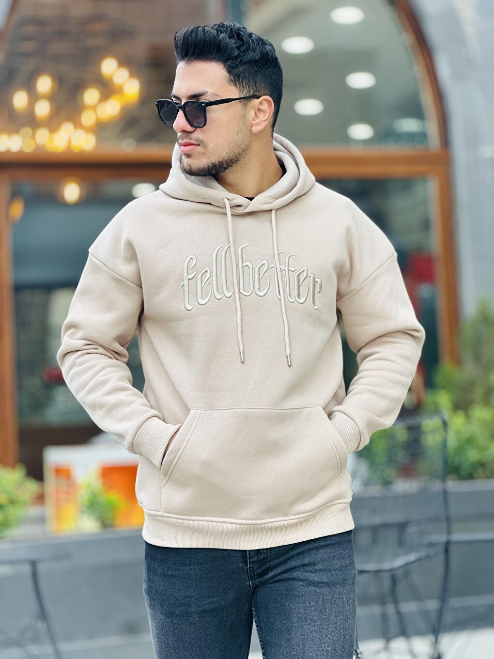 Miron Bej Fell Better Nakışlı Kapüşonlu Üç İplik Oversize Sweatshirt - 3