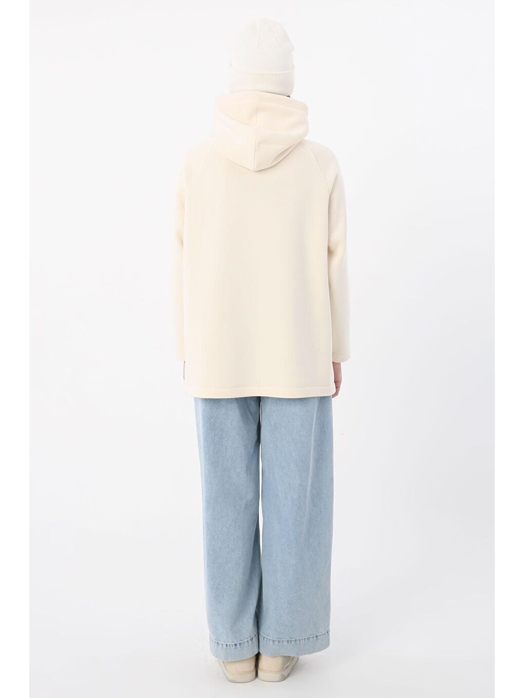 Ekru Oversize Kapüşonlu Şardonlu Sweatshirt-4