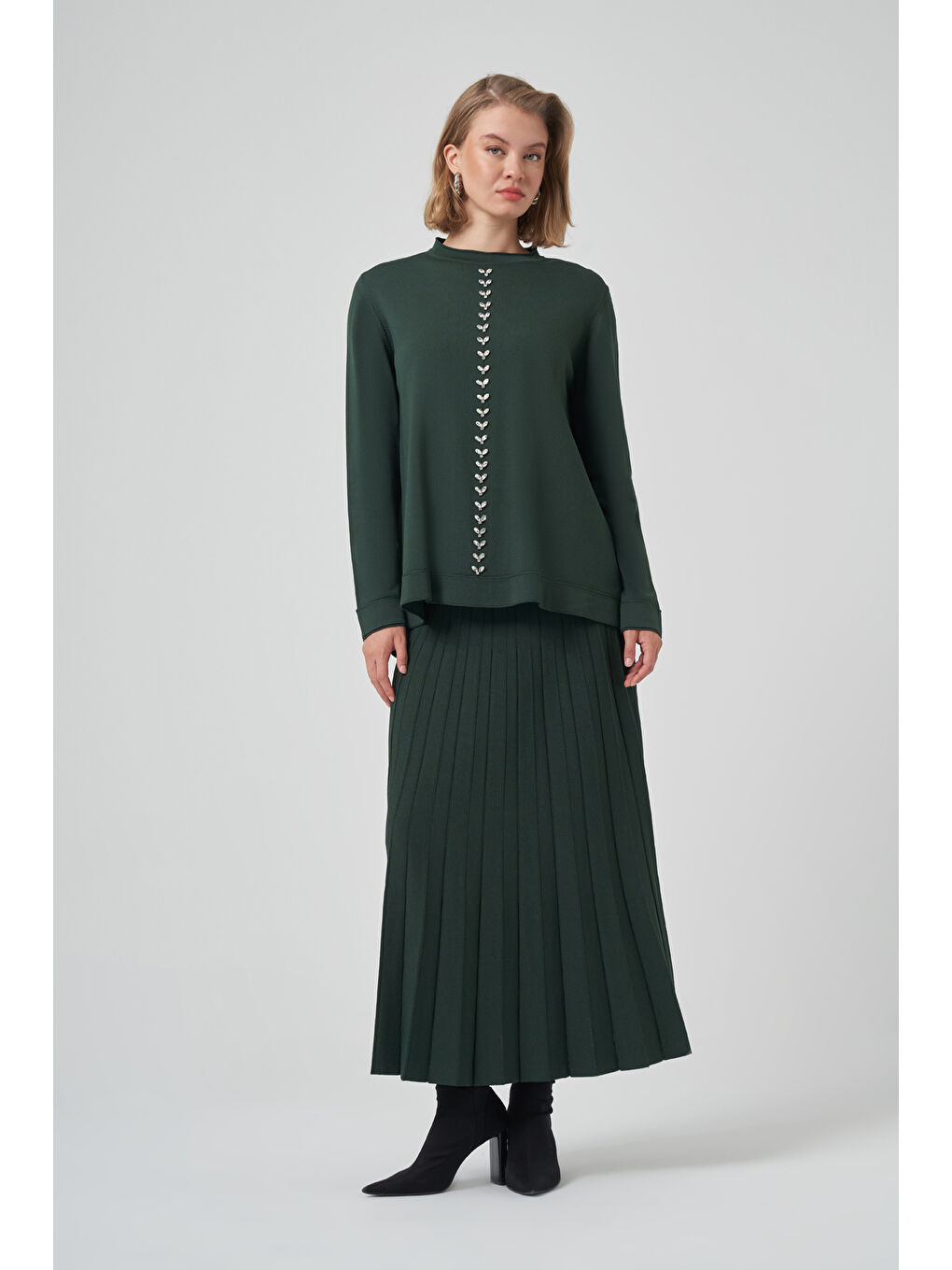 Taş İşleme Detay Triko Takım 1351  Çam Yeşil-3