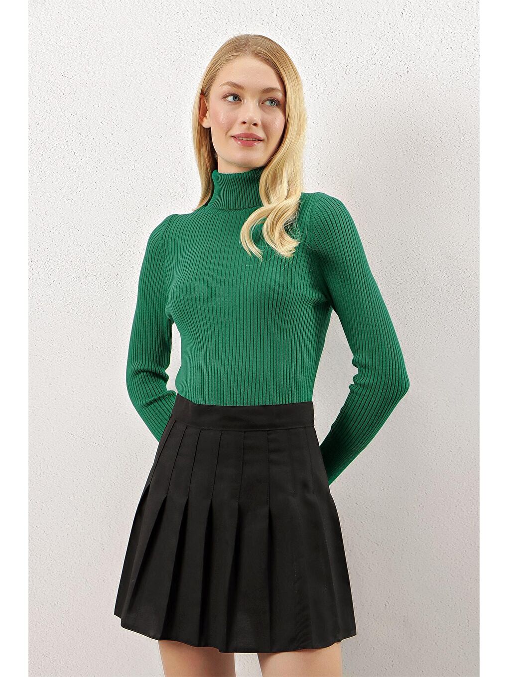 Zümrüt Yeşili Balıkçı Yaka Fitilli Basic Body Triko Kazak-1