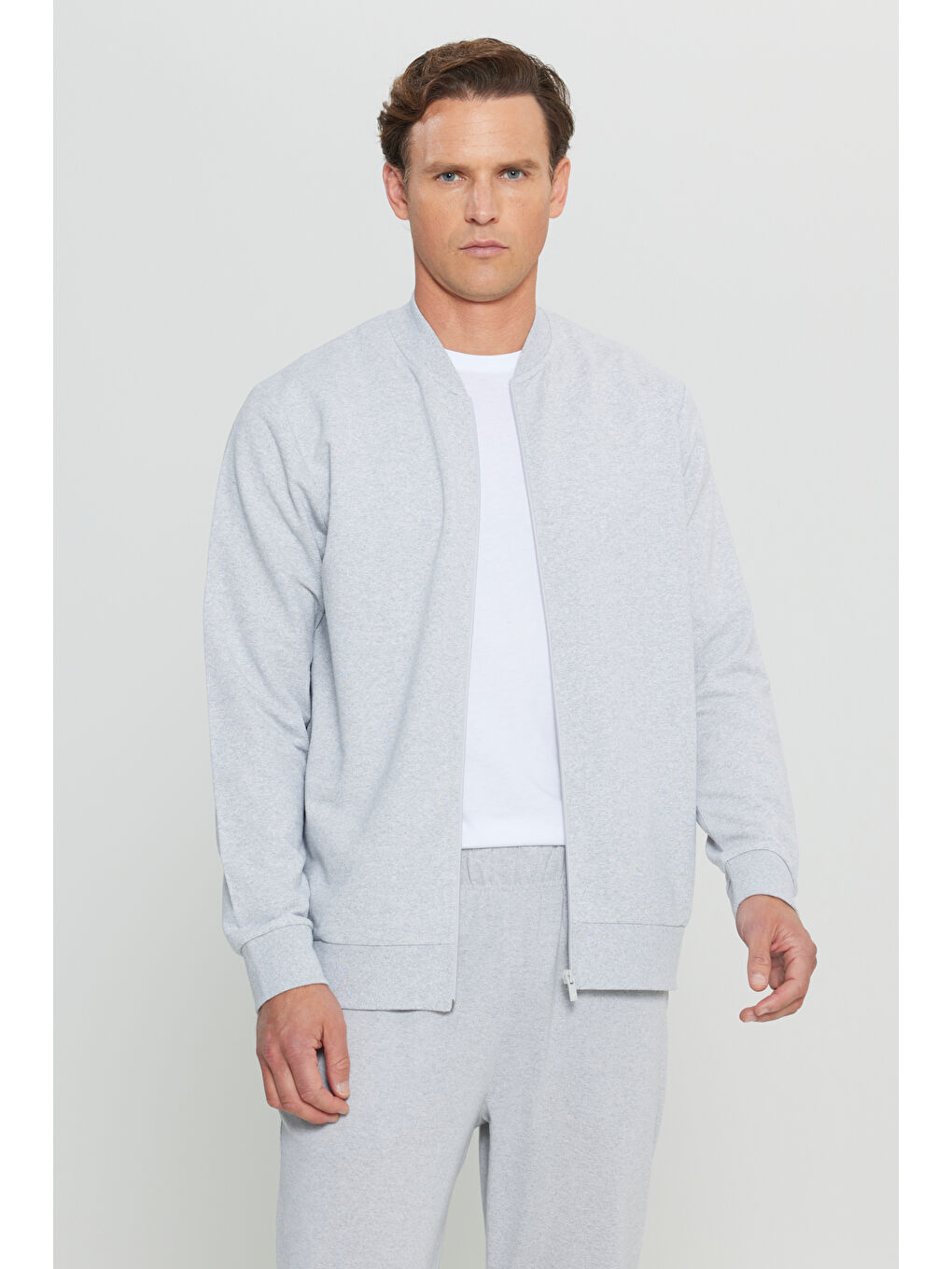 Erkek Gri Melanj Pamuklu Standart Fit Normal Kesim Kolej Yaka Yan Cep Sweatshirt