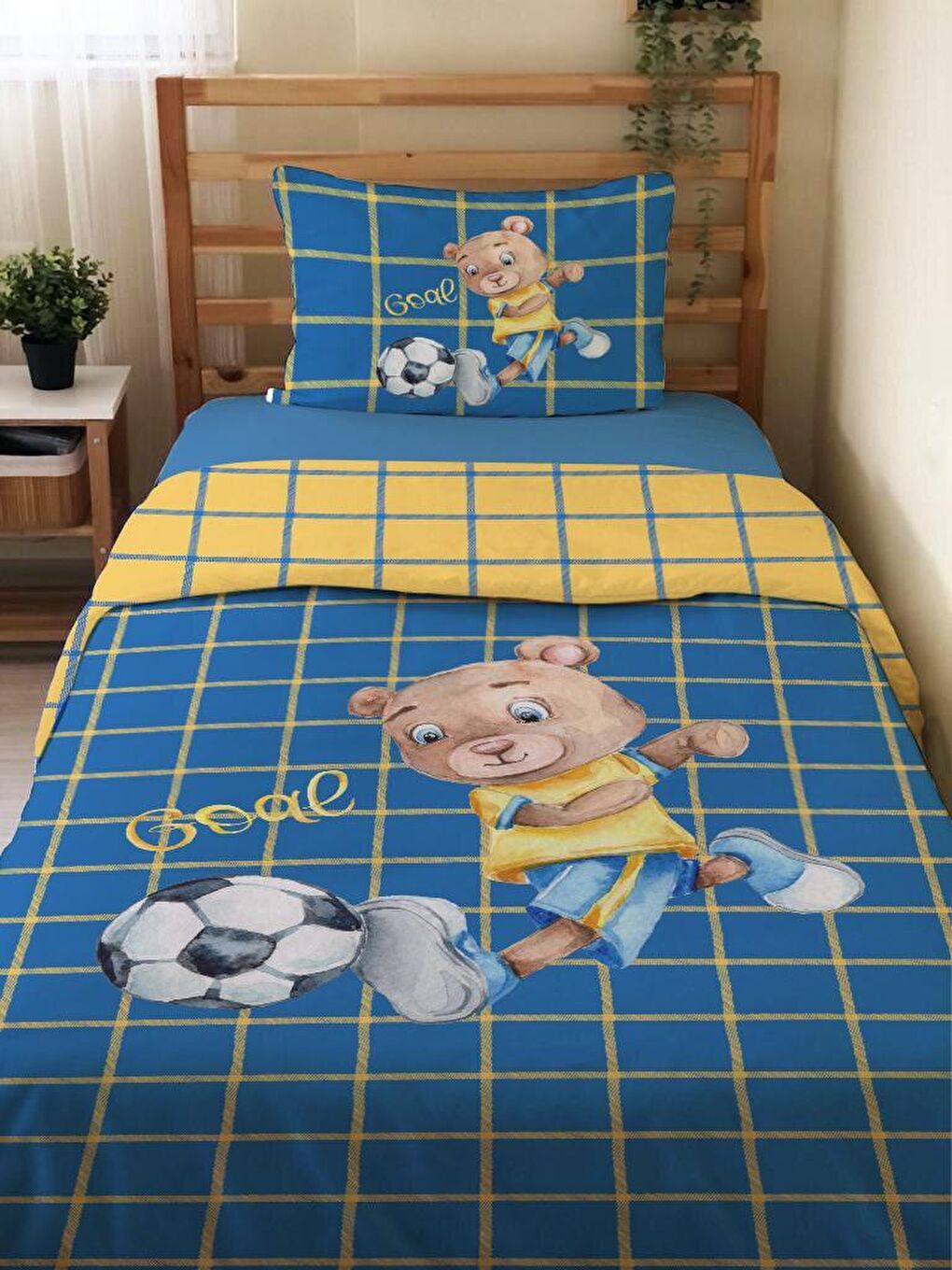 EVMİLA Karışık Çift Taraflı Futbolcu Teddy Desenli Çarşafsız 2'li Takım Tek Kişilik Nevresim Takımı 160x220 Cm