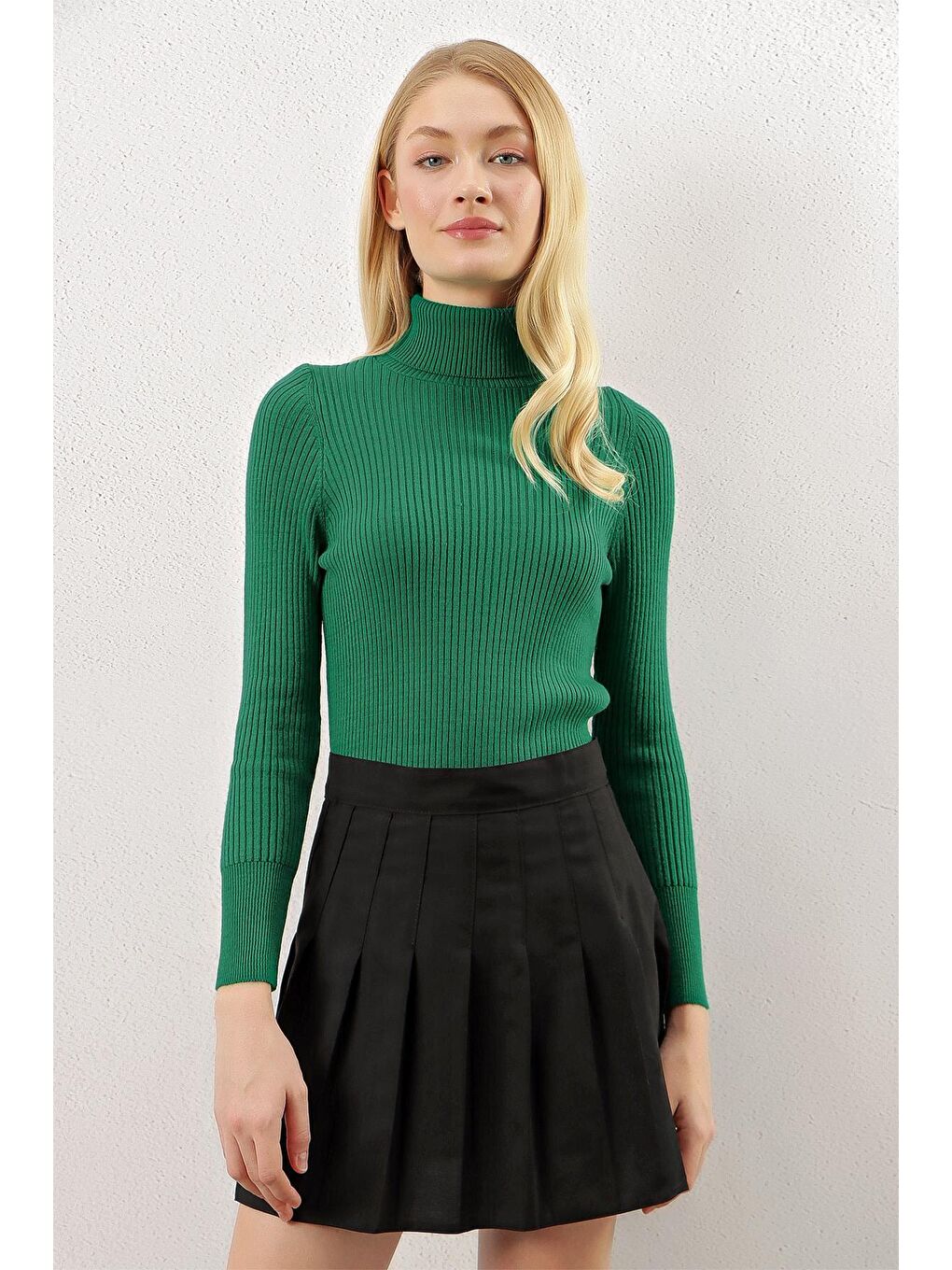 Zümrüt Yeşili Balıkçı Yaka Fitilli Basic Body Triko Kazak-2