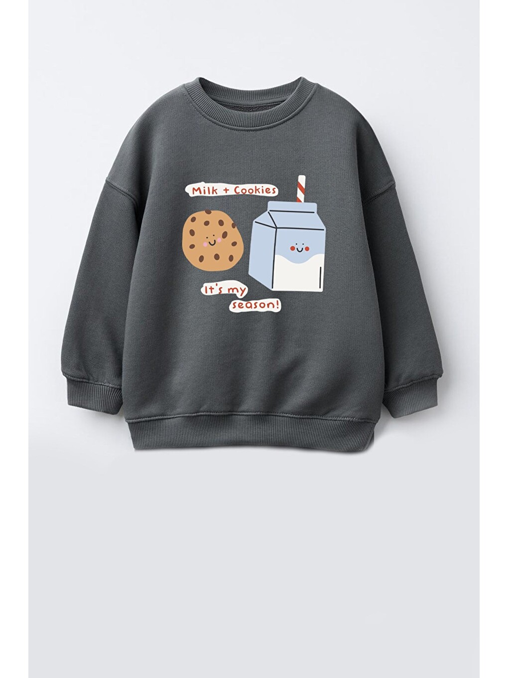Antrasit Kız Çocuk 3 İplik Kumaş Pamuklu Kurabiye Baskılı Sweatshirt