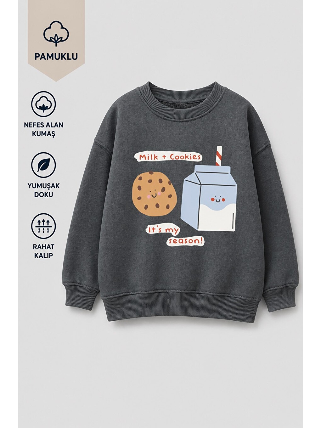 Antrasit Kız Çocuk 3 İplik Kumaş Pamuklu Kurabiye Baskılı Sweatshirt-1