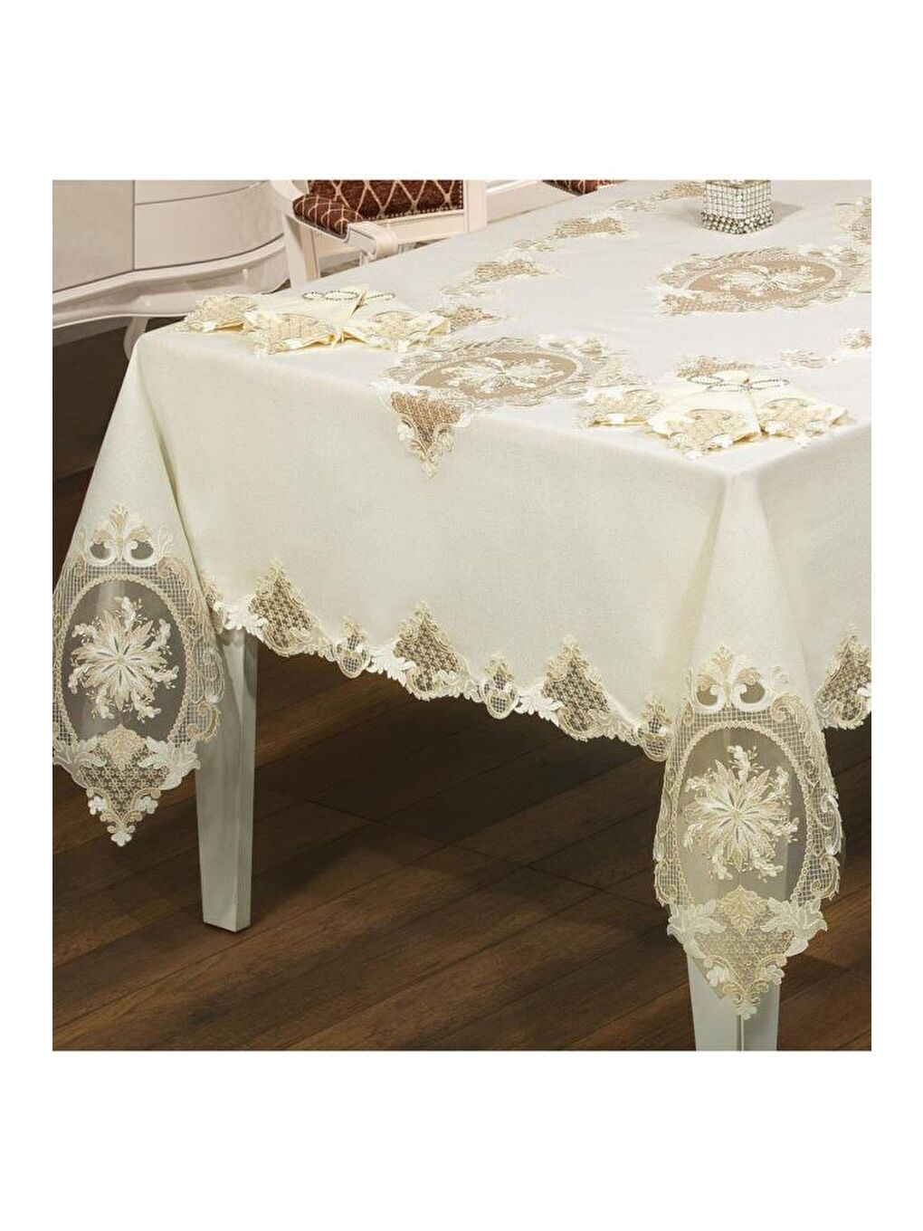 Ekru Fransız Güpürlü Eylül Dantel Yemek Takımı - 25 Parça-3
