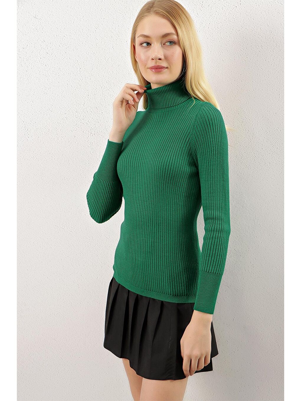 Zümrüt Yeşili Balıkçı Yaka Fitilli Basic Body Triko Kazak-3