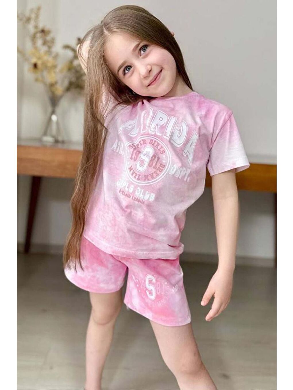Kız Çocuk Florida Yazı Baskılı Penye T-Shirt Pembe Şortlu Takım