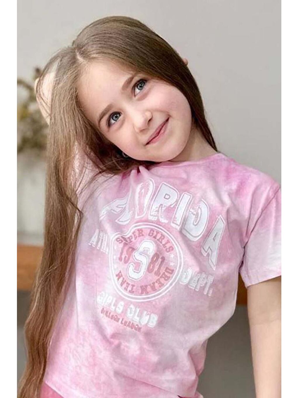 Kız Çocuk Florida Yazı Baskılı Penye T-Shirt Pembe Şortlu Takım-1