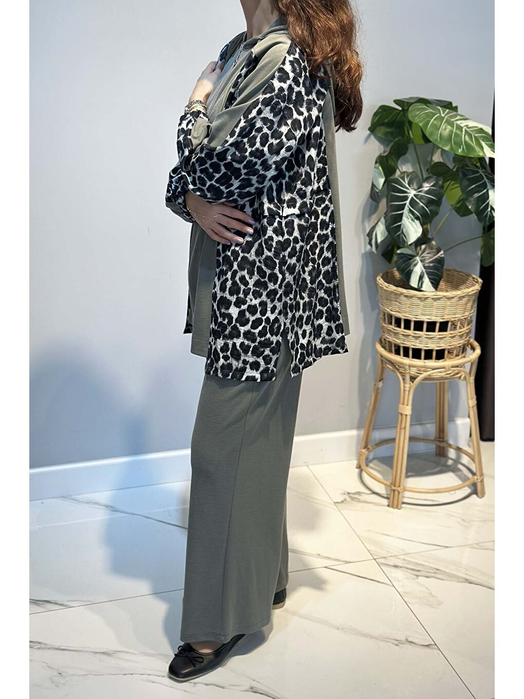 Leopar Desen Detay Pantolonlu Takım 70081-1 Haki-1