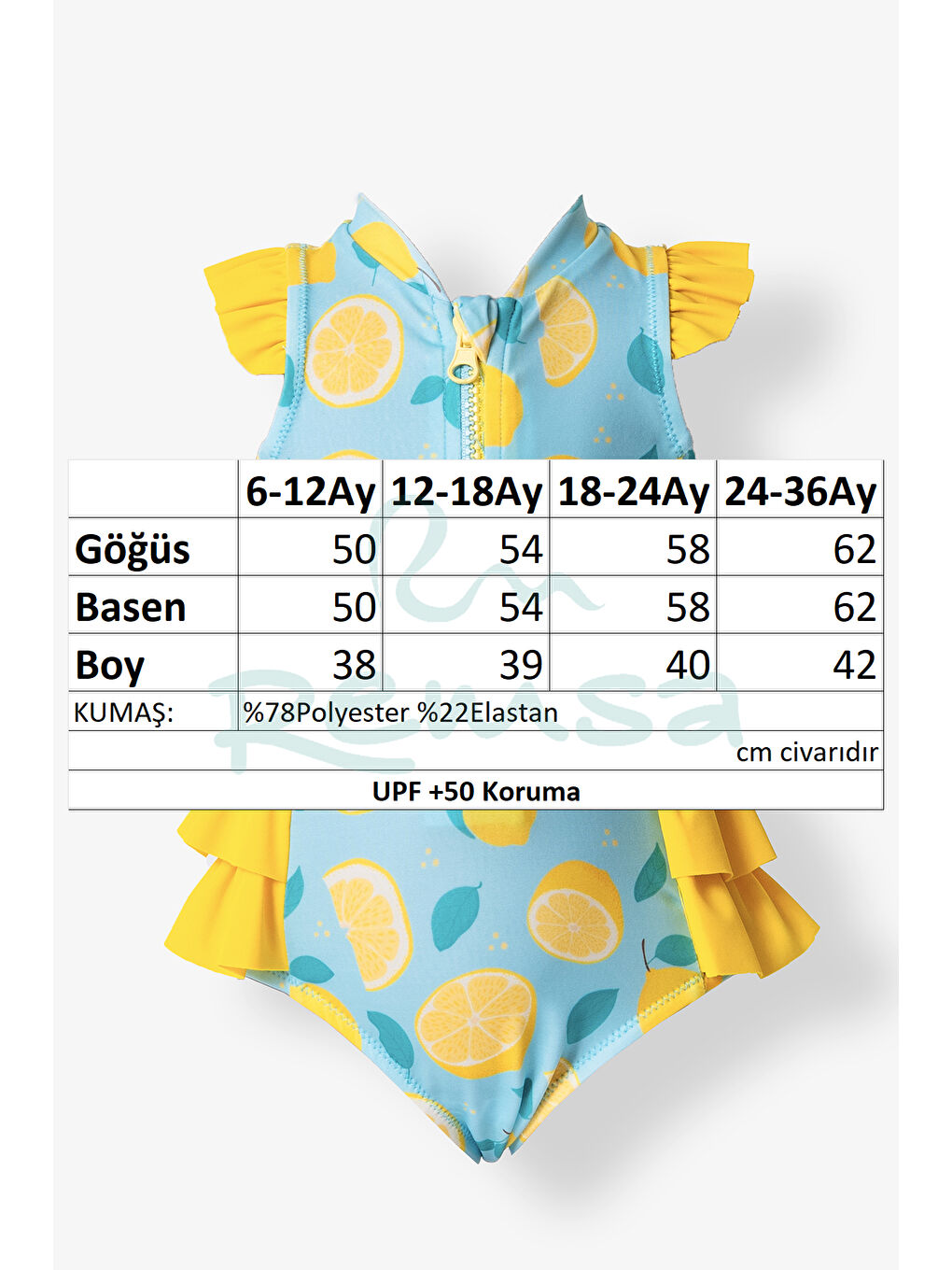 UV Korumalı Sıfır Kollu Fırfır Detay Kız Bebek Çocuk Tulum 5100 Sarı-2