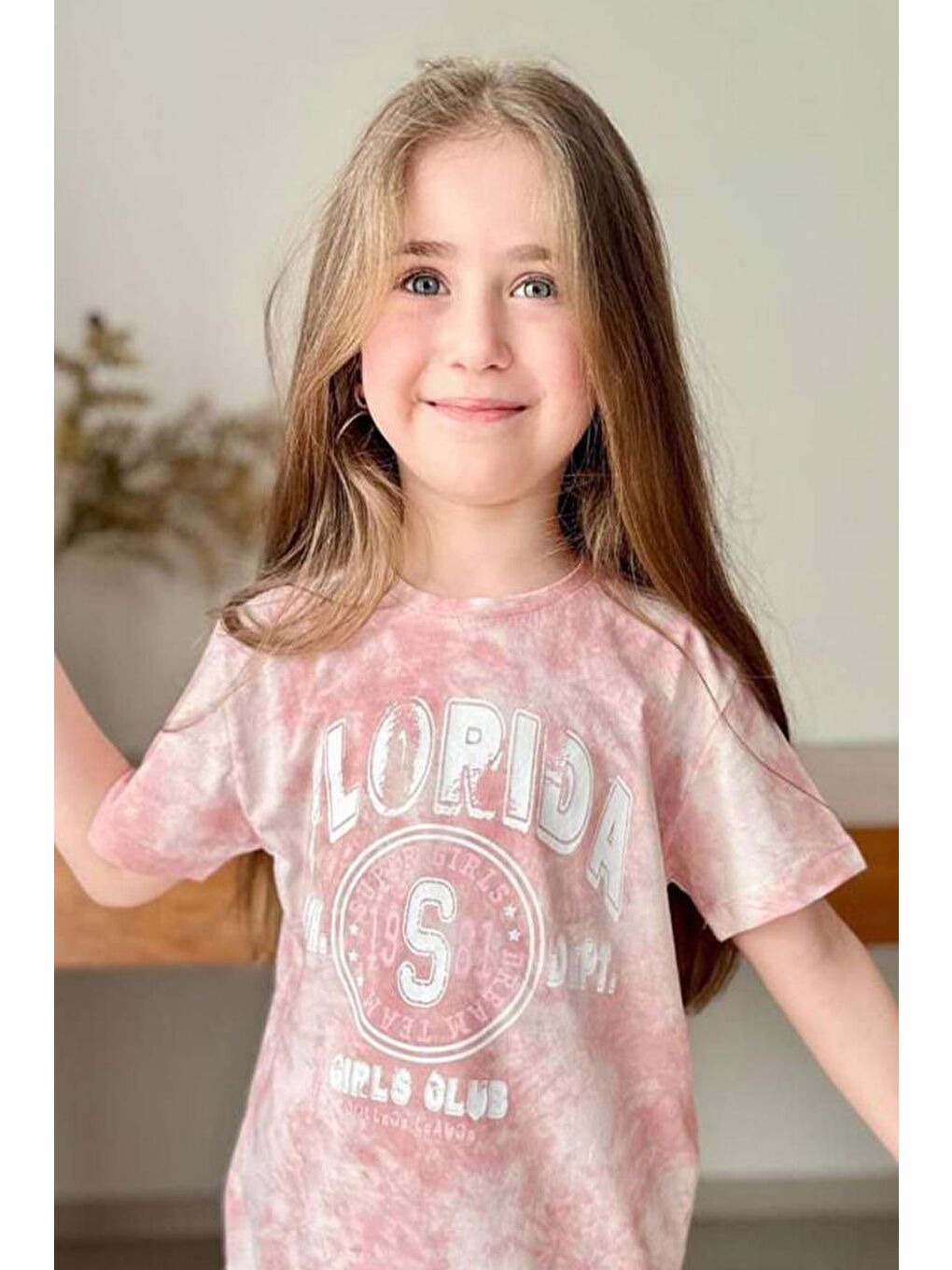 Pembe Kız Çocuk Florida Yazı Baskılı Penye T-Shirt Pudra Şortlu Takım-1