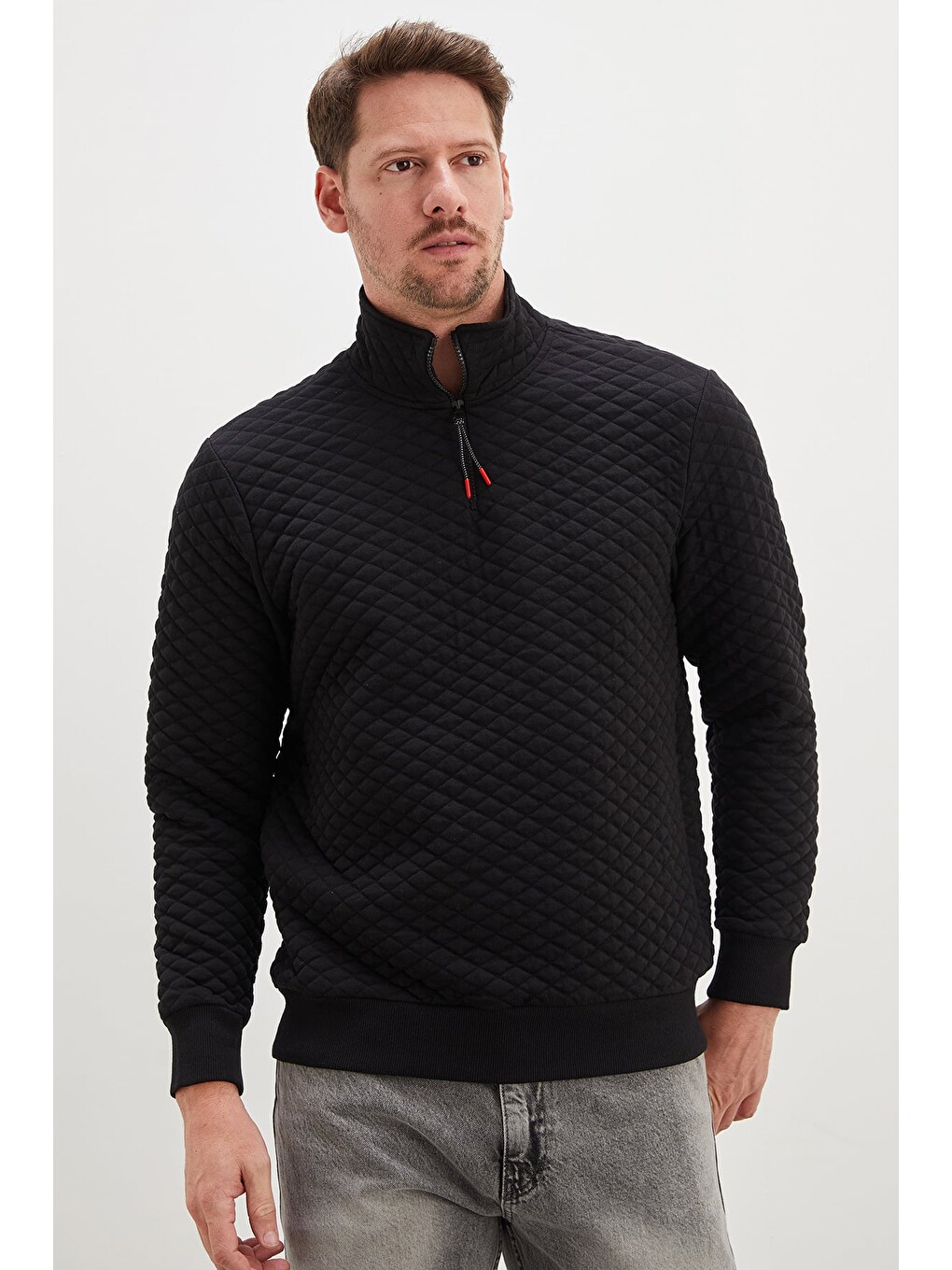 Siyah Yarım Fermuarlı Dik Yaka Kapitone Sweatshirt-2