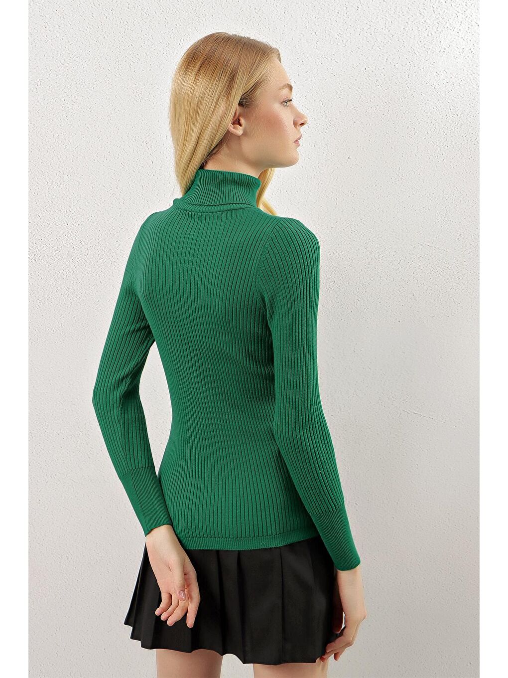 Zümrüt Yeşili Balıkçı Yaka Fitilli Basic Body Triko Kazak-4