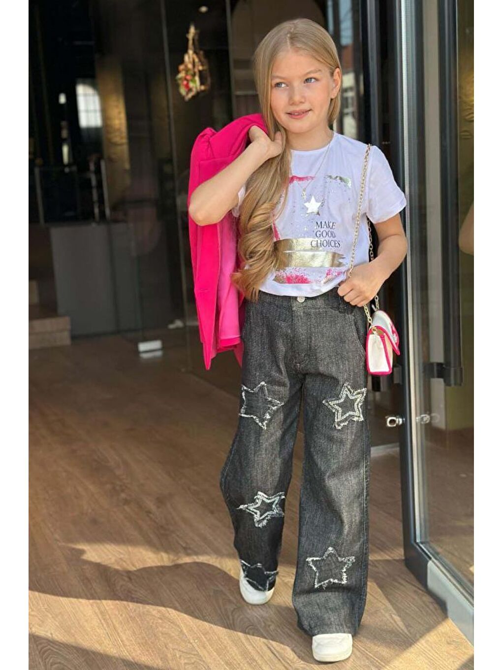 Kız Çocuk Baskılı T-shirt Bol Kesim Yıldız Detaylı Jean Pantolon Fuşya Blazer Ceket Alt Üst Takım-1