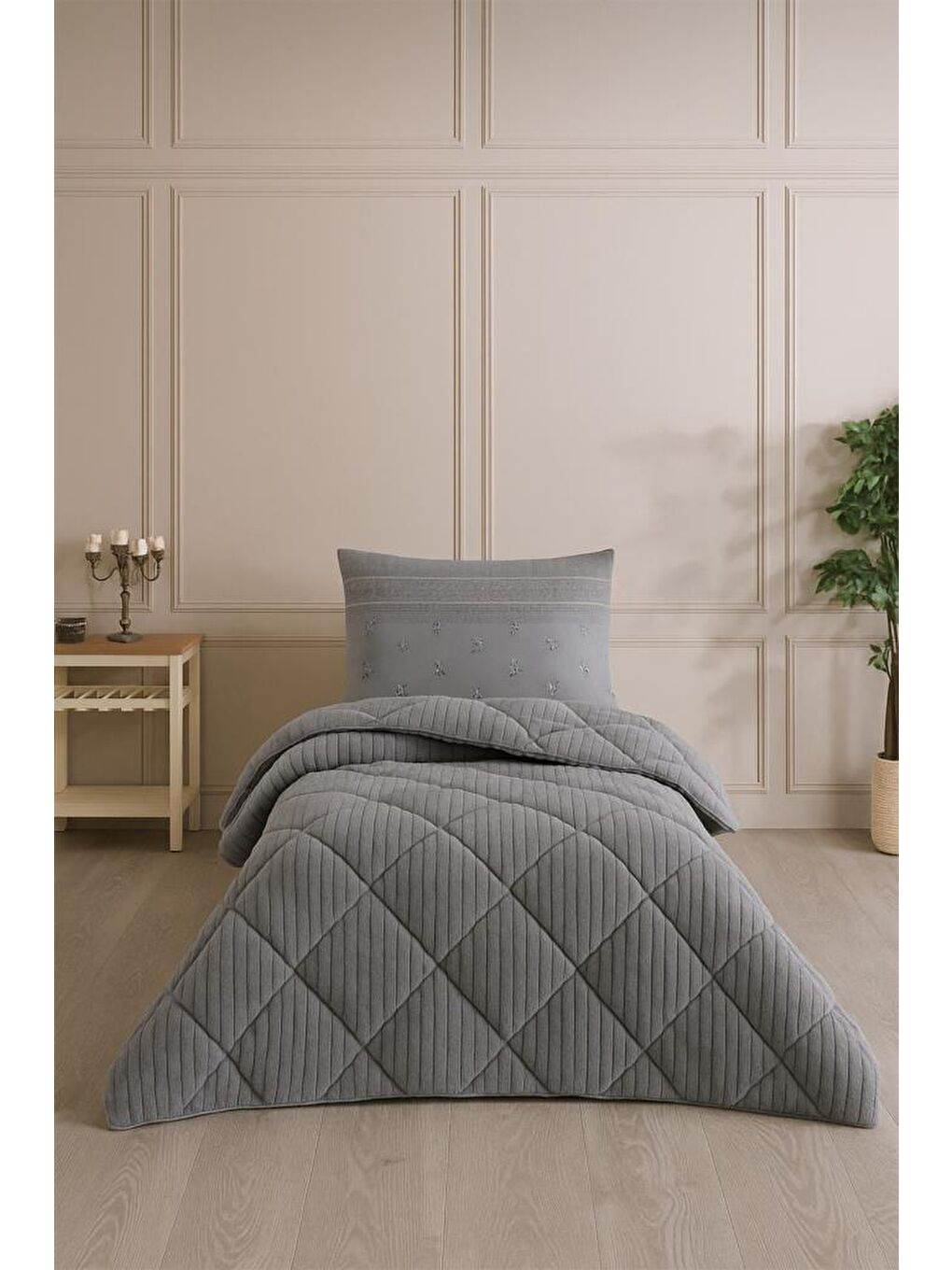 Wellsoft Jakarlı Uyku Seti 3 Parça Tek Kişilik Antrasit