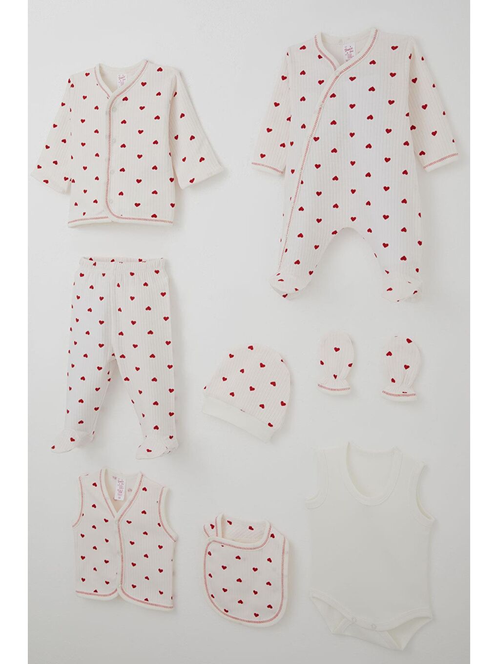 Kız Bebek Hastane Çıkışı 8 Li Kalp Desenli Ekru (0-3 Ay)-1