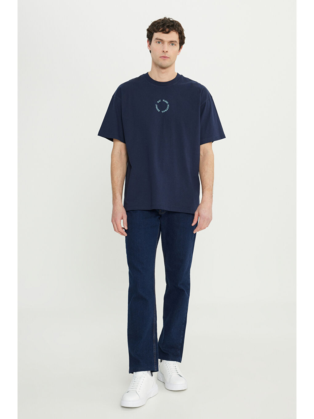 Erkek Lacivert %100 Pamuk Oversize Fit Bol Kesim Bisiklet Yaka Baskılı Tişört-1