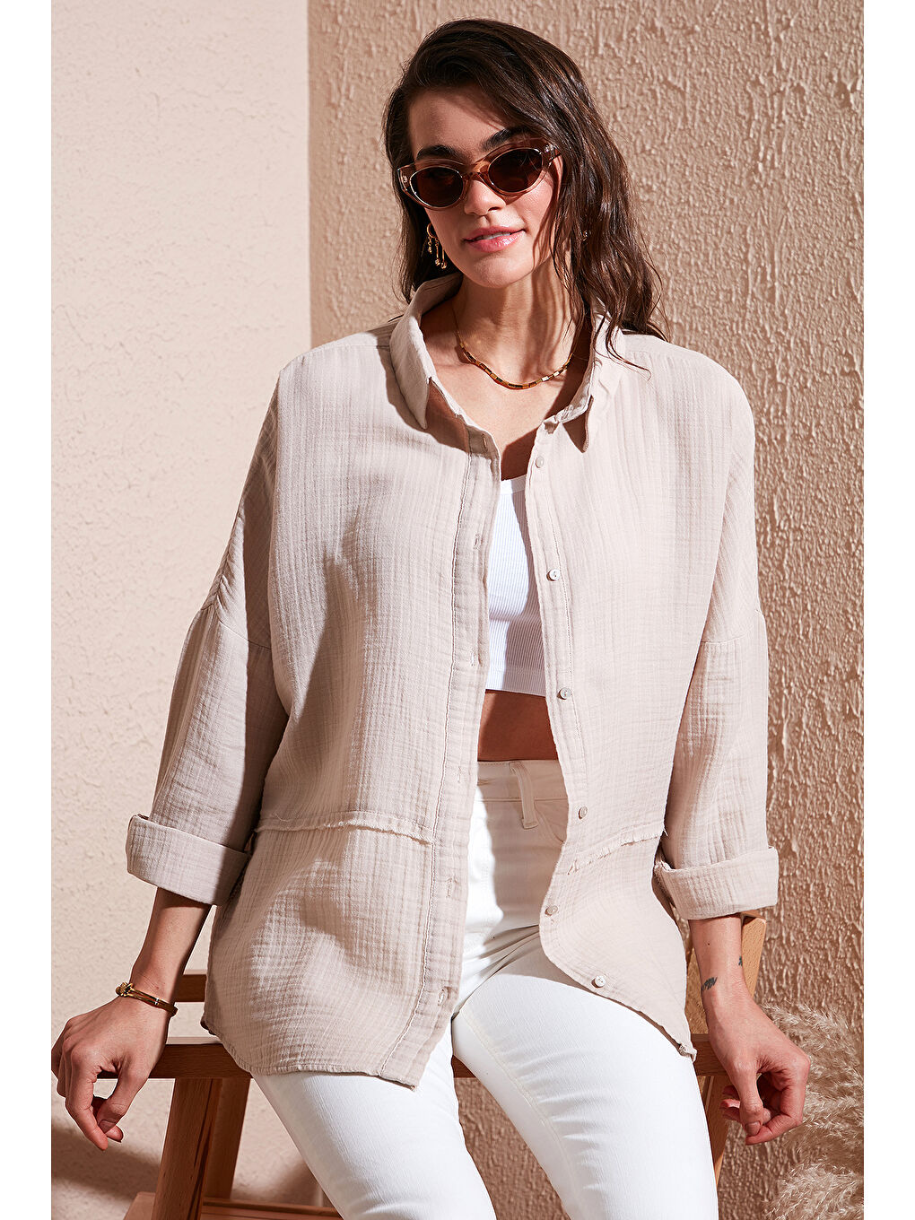 Lela Bej Pamuklu Regular Fit Müslin Gömlek Cf25S166905
