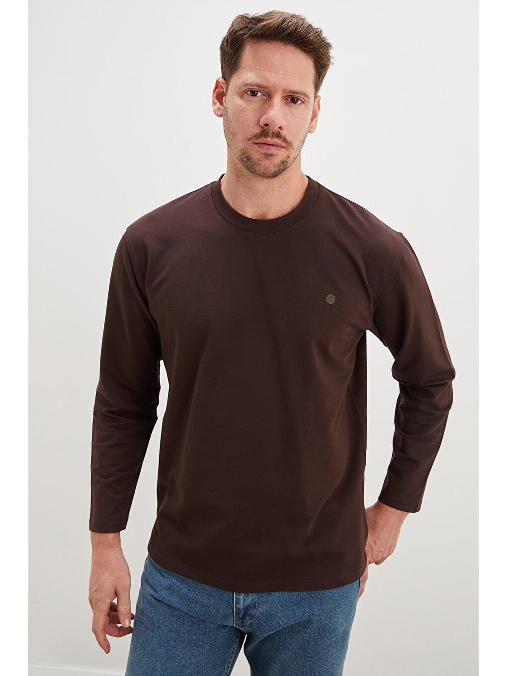 Kahverengi Baskılı Bisiklet Yaka Sweatshirt
