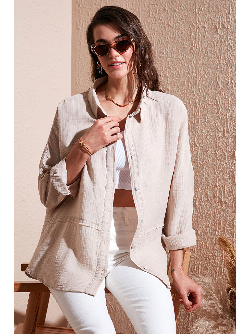 Lela Bej Pamuklu Regular Fit Müslin Gömlek Cf25S166905 - 2