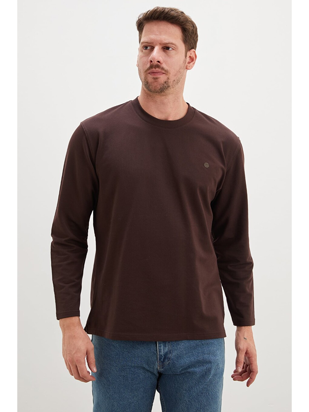 Kahverengi Baskılı Bisiklet Yaka Sweatshirt-1