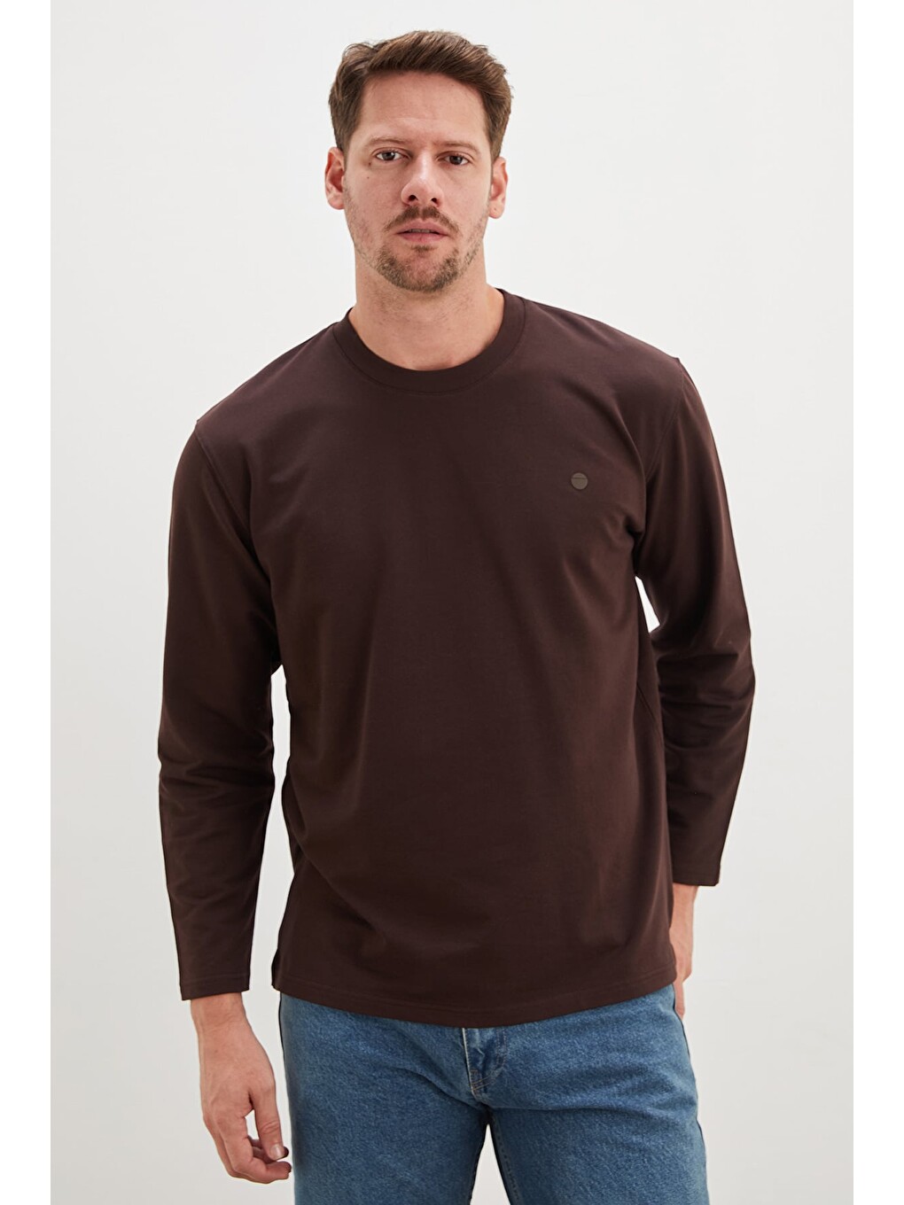 Kahverengi Baskılı Bisiklet Yaka Sweatshirt-2