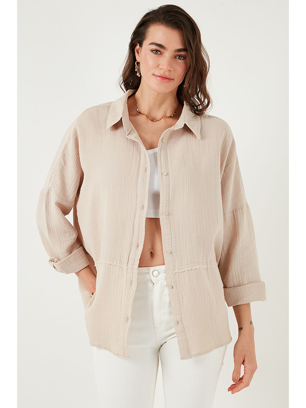 Lela Bej Pamuklu Regular Fit Müslin Gömlek Cf25S166905 - 3