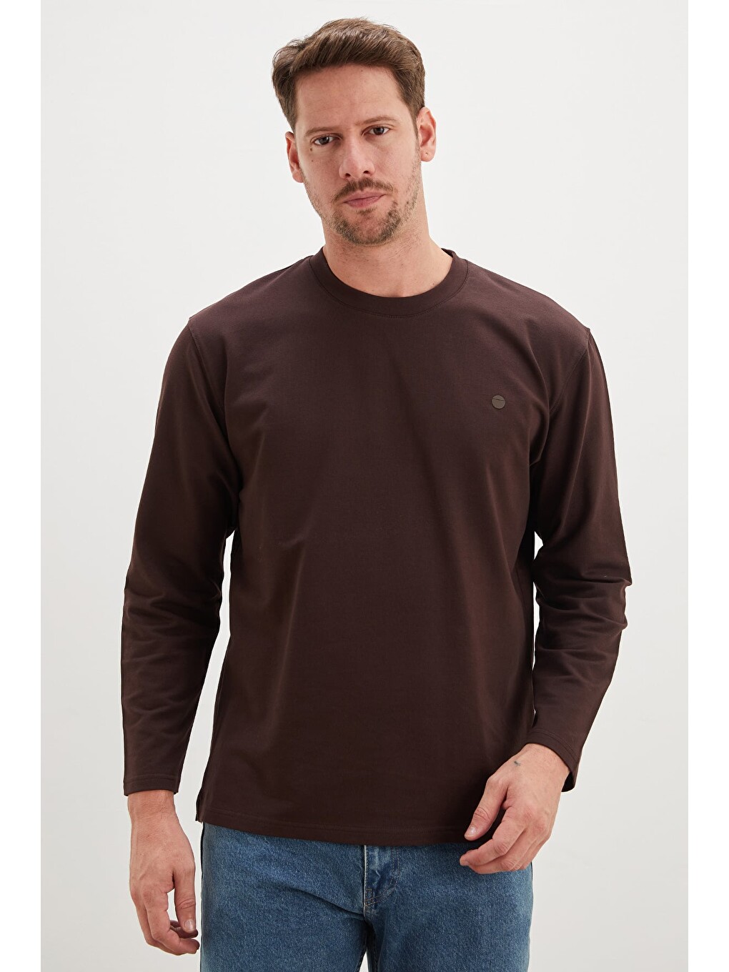 Kahverengi Baskılı Bisiklet Yaka Sweatshirt-3