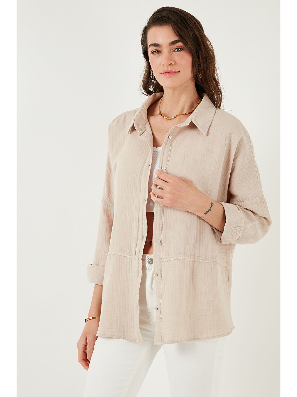 Lela Bej Pamuklu Regular Fit Müslin Gömlek Cf25S166905 - 4