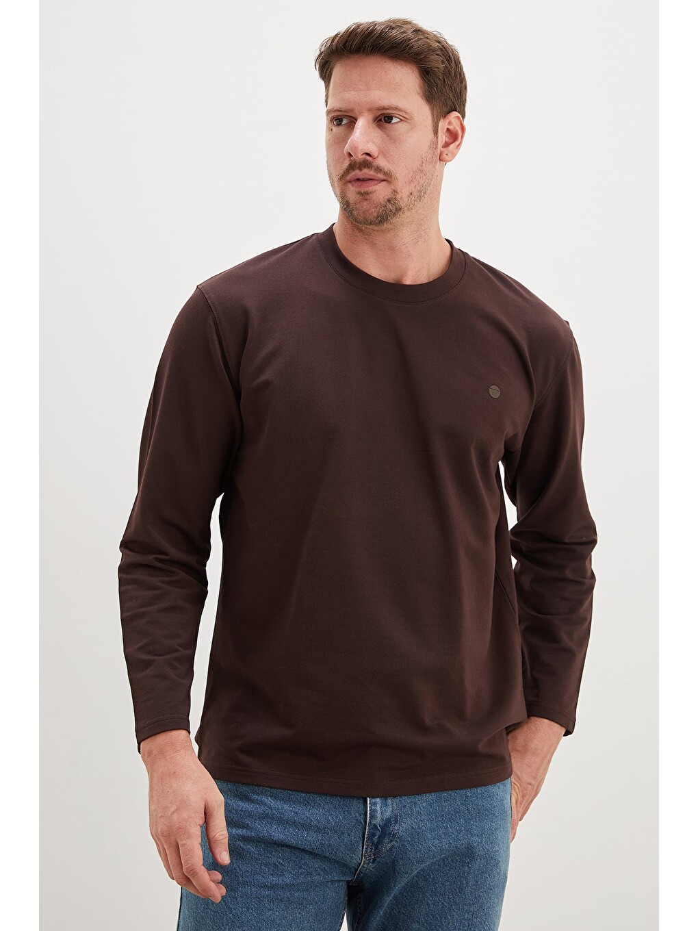 Kahverengi Baskılı Bisiklet Yaka Sweatshirt-4