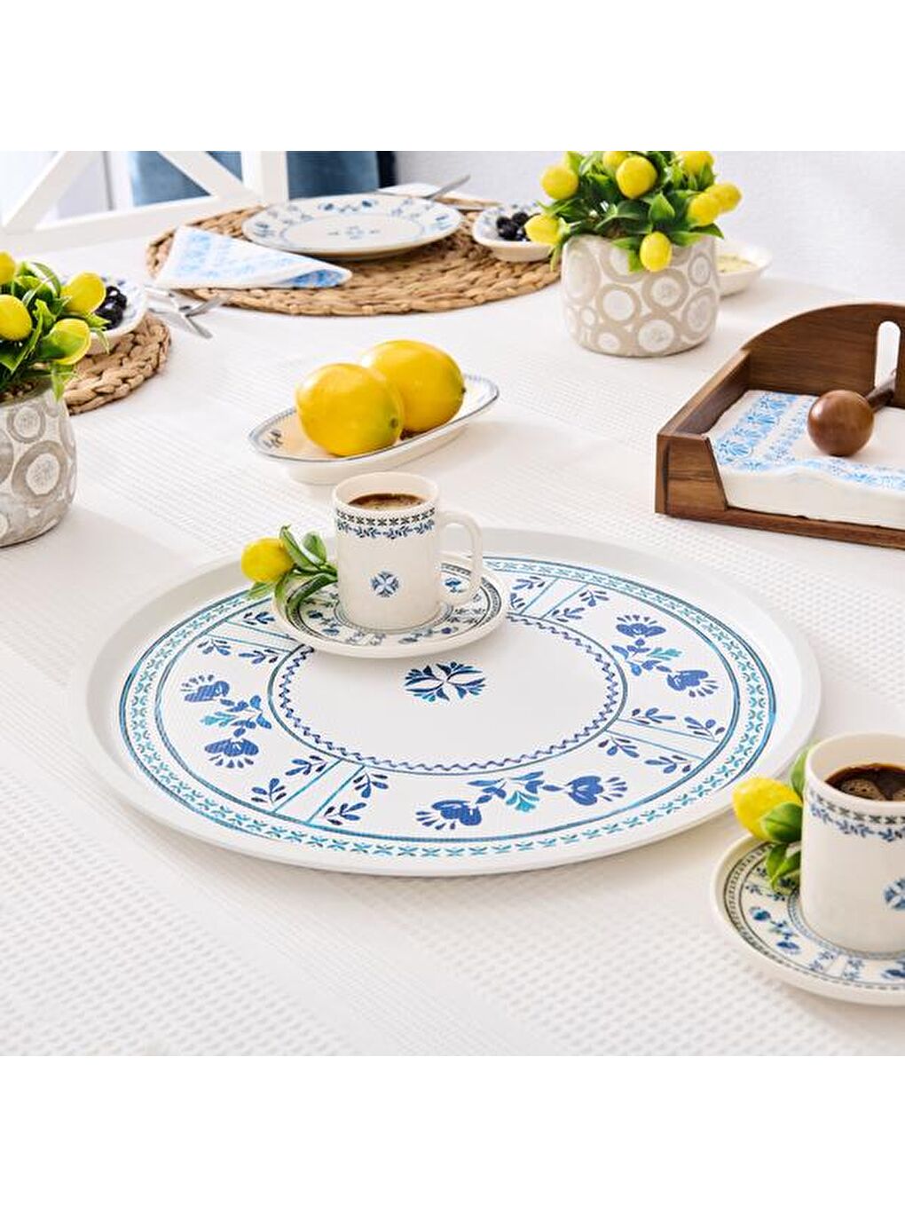 Karışık Santorini Yuvarlak Tepsi - Renkli - 35,5 cm