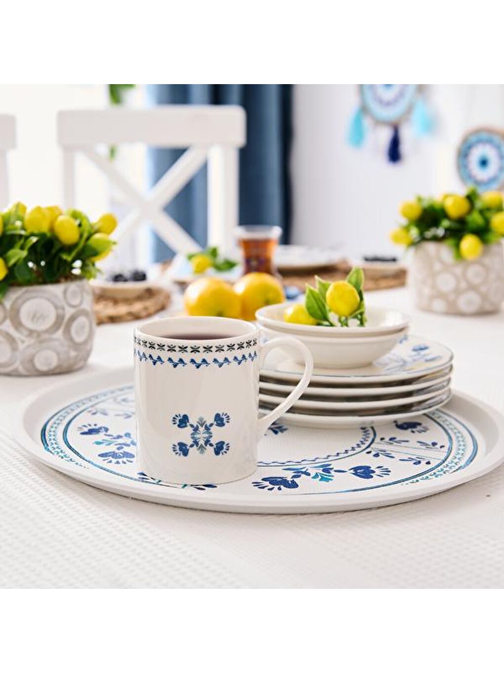 Karışık Santorini Yuvarlak Tepsi - Renkli - 35,5 cm-5