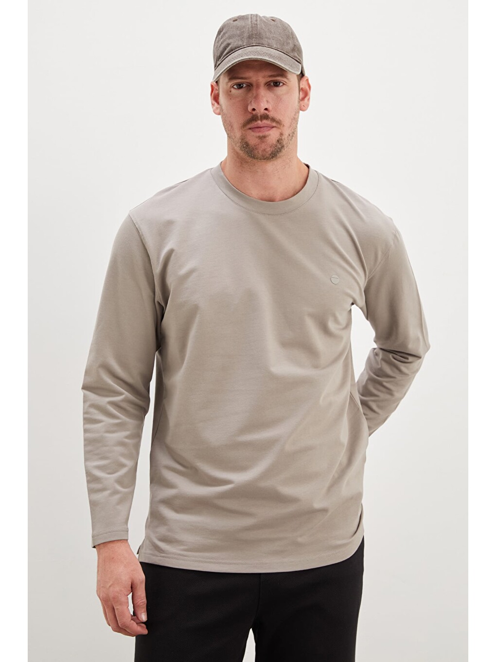 Bej Baskılı Bisiklet Yaka Sweatshirt