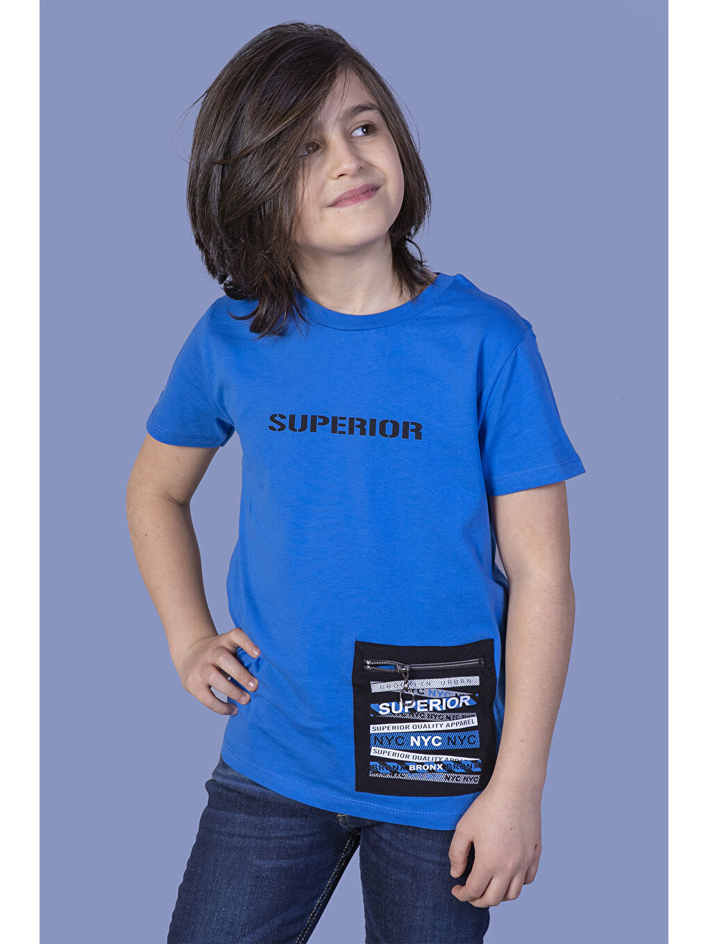 Mavi Erkek Çocuk Baskılı Cebi Fermuar Kapatmalı Tişört-1