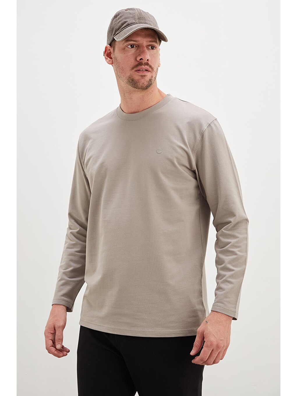 Bej Baskılı Bisiklet Yaka Sweatshirt-3