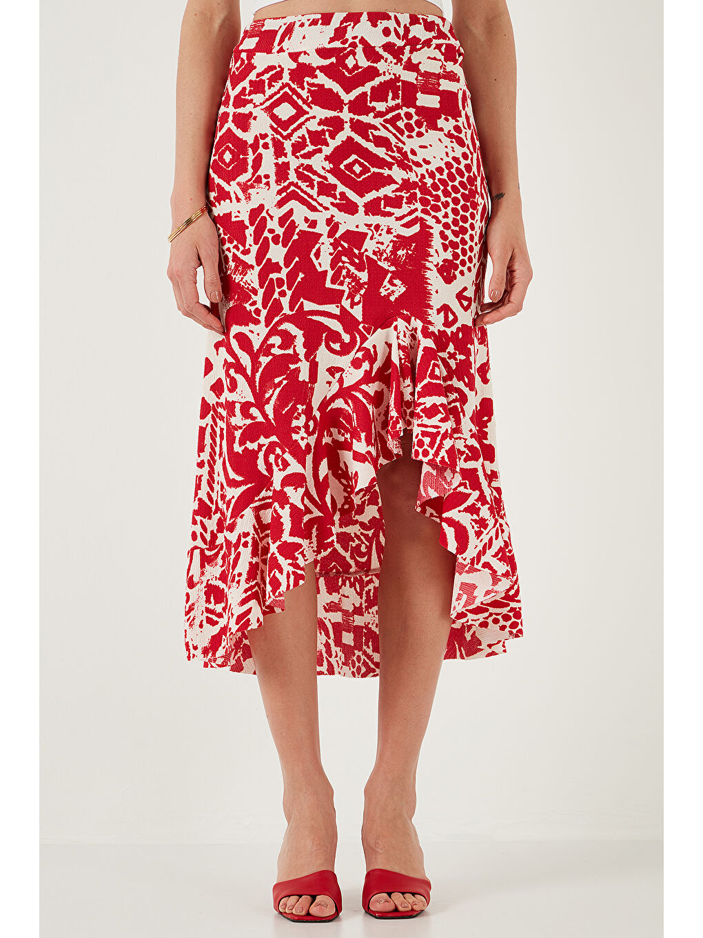 Bordo Regular Fit Desenli Yüksek Bel Volanlı Midi Boy Yırtmaçlı Etek 5869013-1