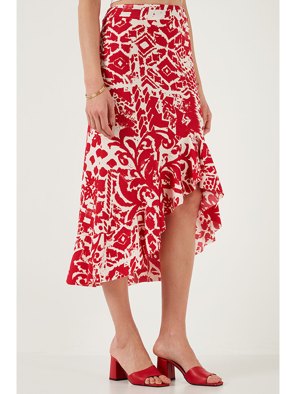 Bordo Regular Fit Desenli Yüksek Bel Volanlı Midi Boy Yırtmaçlı Etek 5869013-3