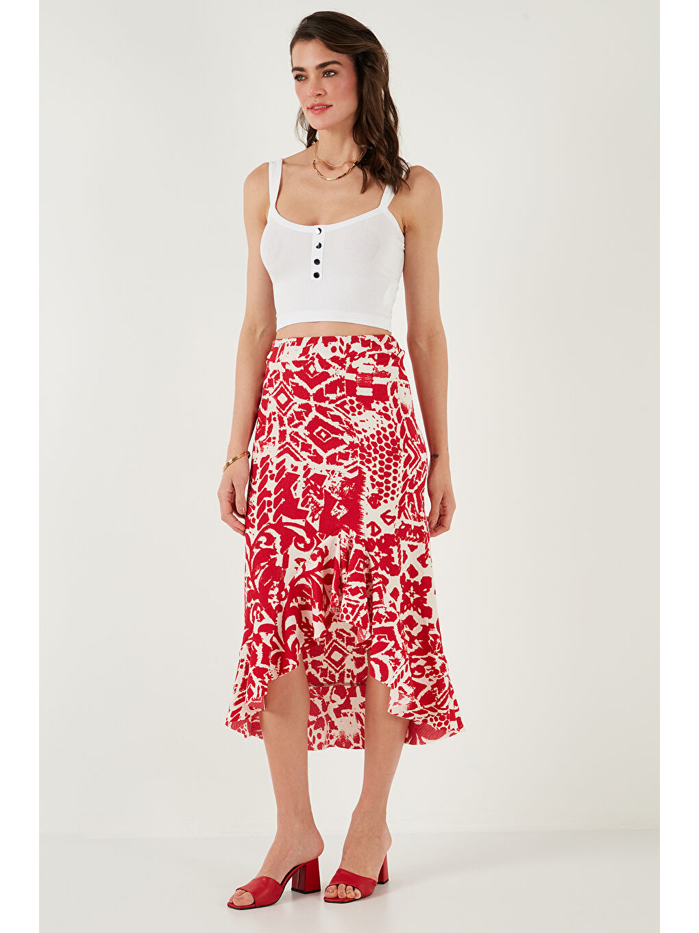 Bordo Regular Fit Desenli Yüksek Bel Volanlı Midi Boy Yırtmaçlı Etek 5869013-5
