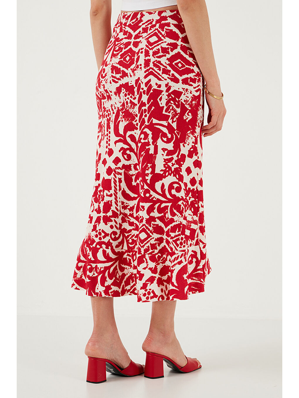 Bordo Regular Fit Desenli Yüksek Bel Volanlı Midi Boy Yırtmaçlı Etek 5869013-6