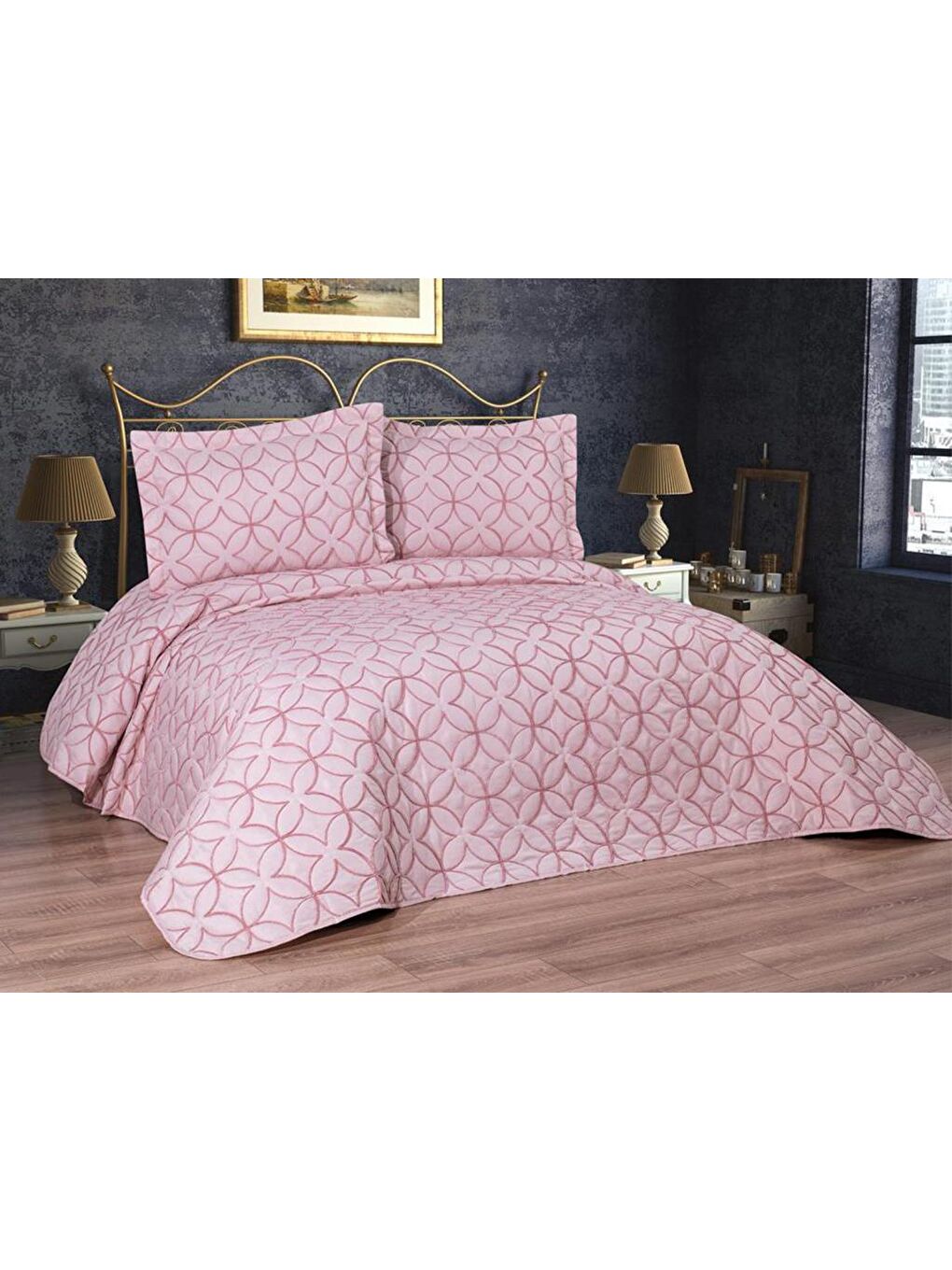 Pembe Parolin Çift Kişilik Kapitoneli Yatak Örtüsü Pudra