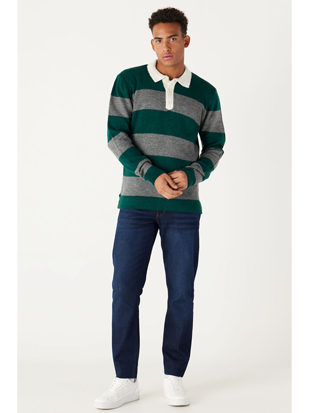 Erkek Yeşil-Gri Standart Fit Normal Kesim Polo Yaka Çizgili Triko-1