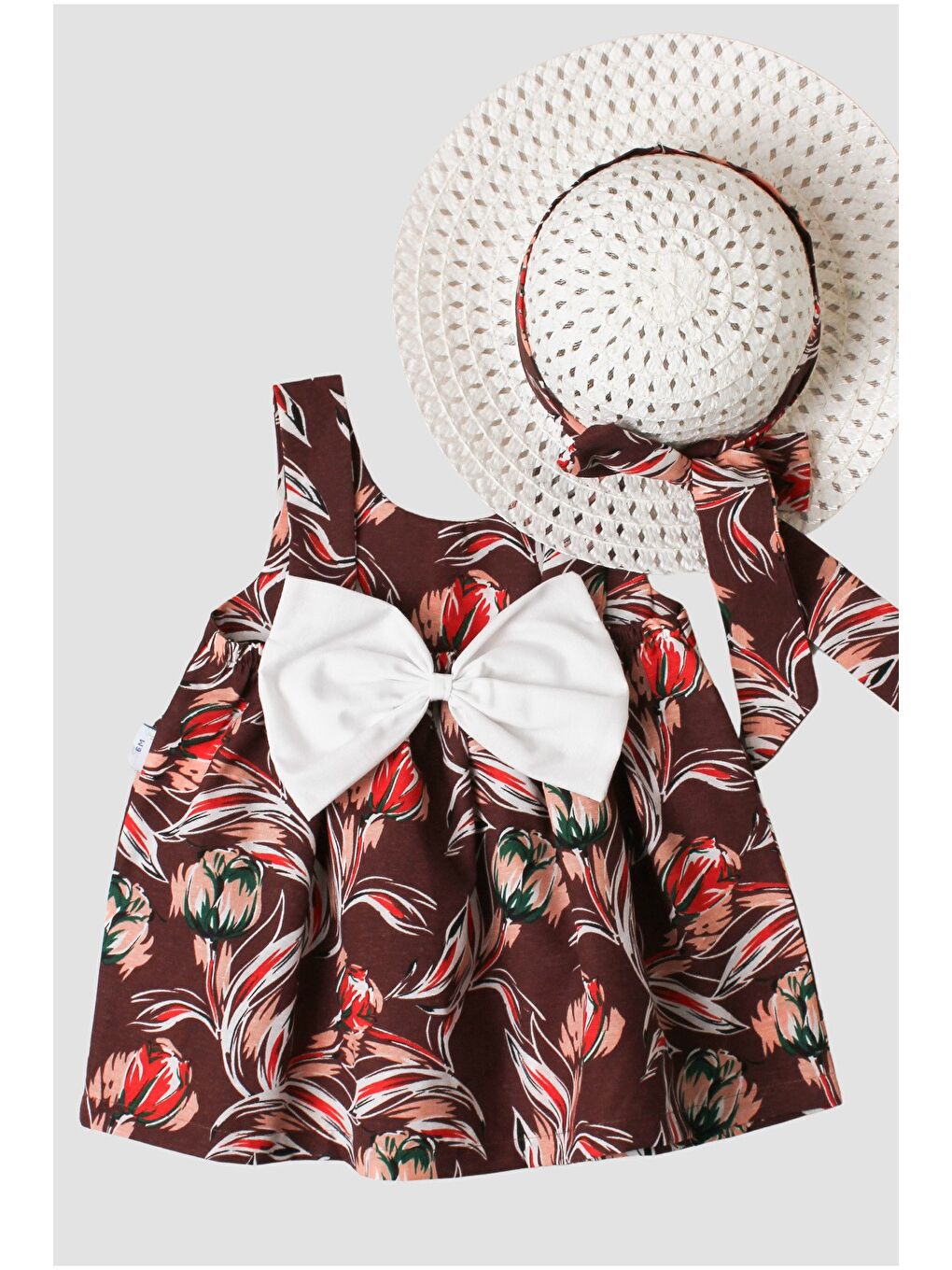 Kahverengi Şapkalı Fiyonklu Kız Bebek Elbisesi