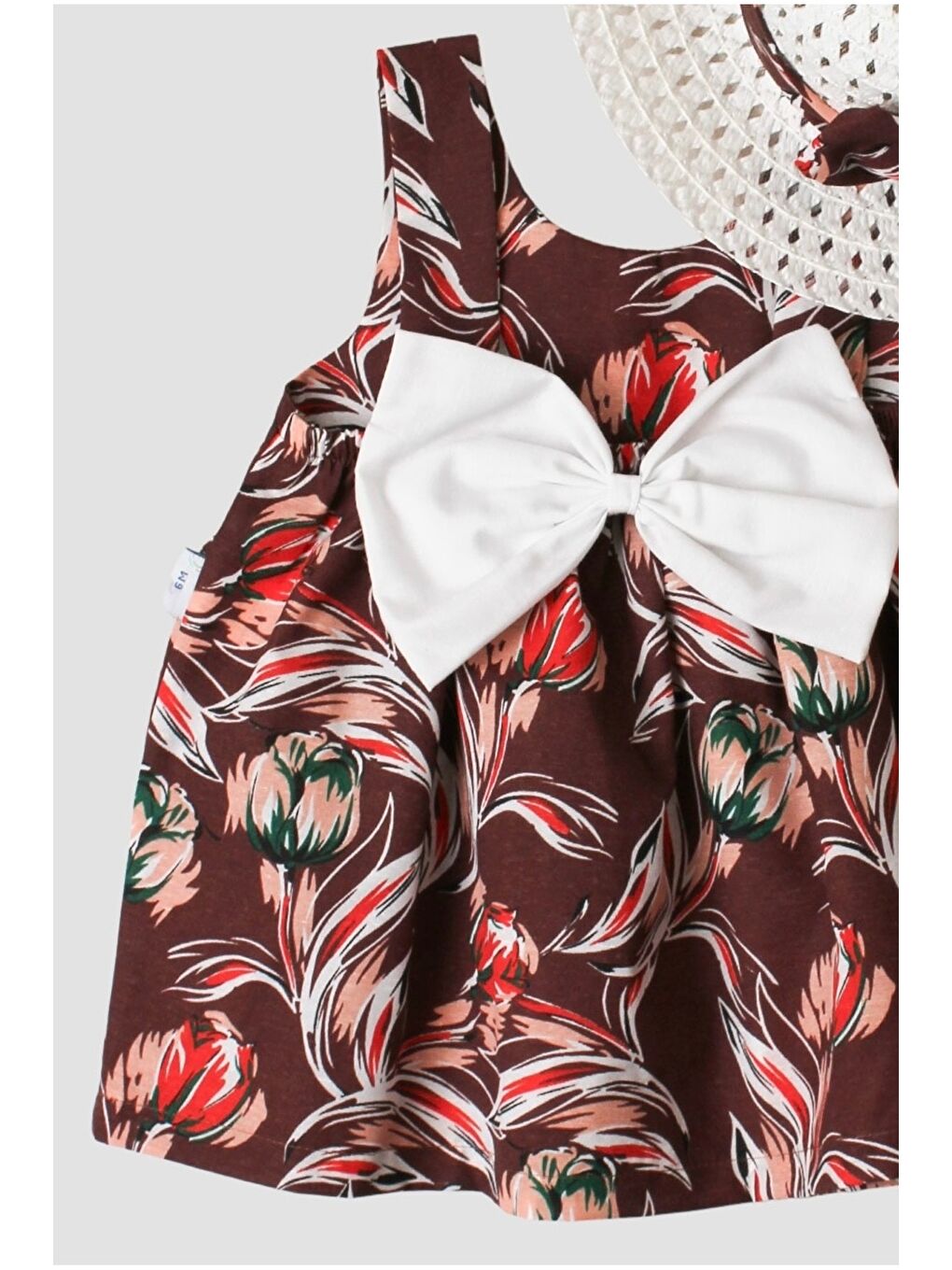 Kahverengi Şapkalı Fiyonklu Kız Bebek Elbisesi-1