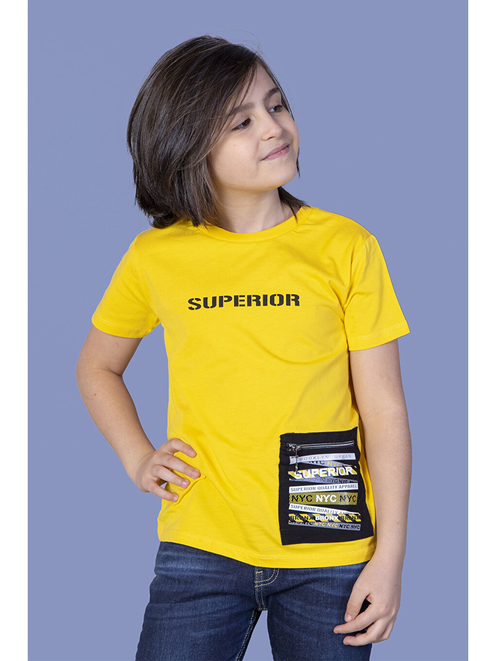 Sarı Erkek Çocuk Baskılı Cebi Fermuar Kapatmalı Tişört